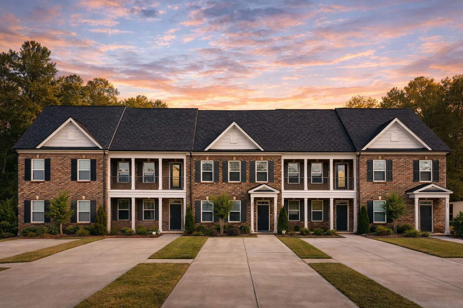 Front view of Georgian Colonial style brick townhome with symmetrical windows, colorful shutters, and classic entryways under a gabled roof