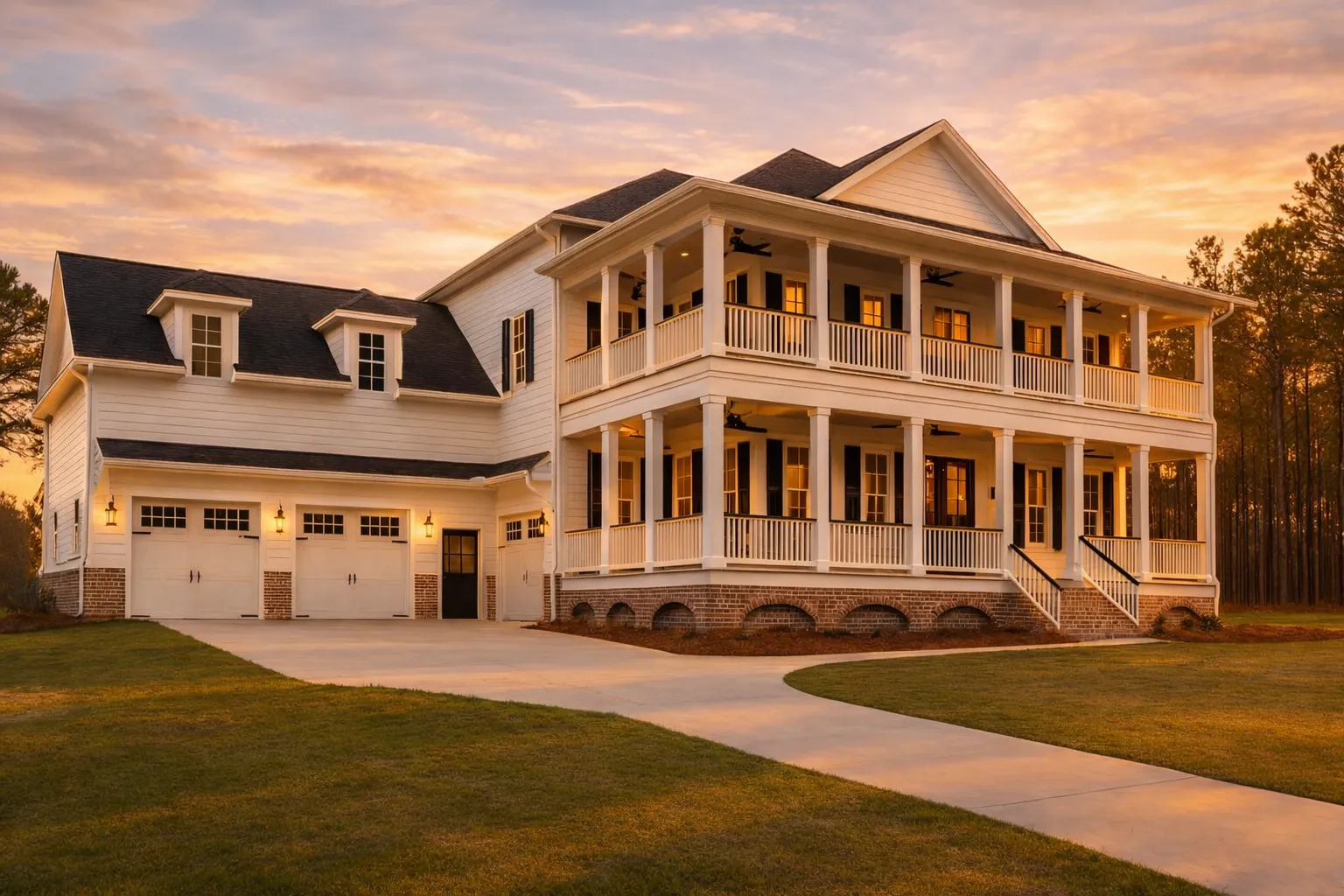 Front exterior of a Classical Southern Colonial style home with double stacked porches, white siding, brick foundation, and symmetrical columns