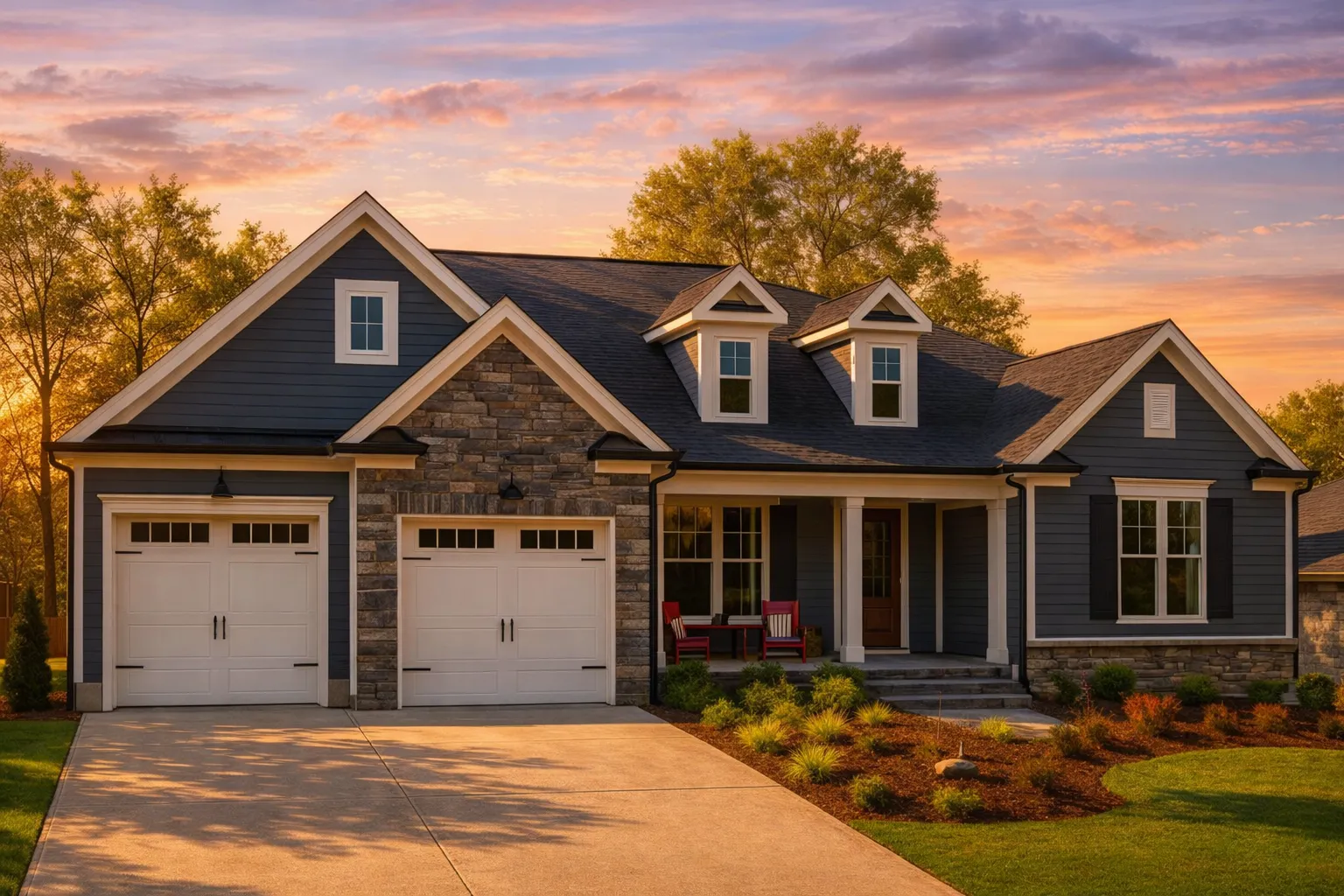 Victorian House Plans 15 Front elevation of a New American Traditional style house with horizontal siding, stone accents, three-car garage, and covered front porch