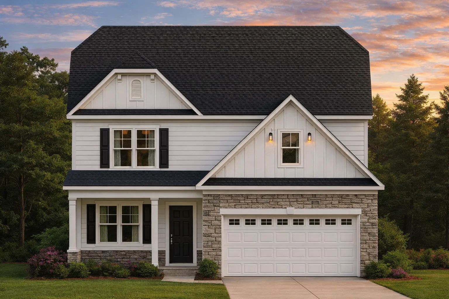 Front view of a Traditional Transitional style house featuring a blend of stone, board and batten, and horizontal siding with a gabled roof and covered front porch.