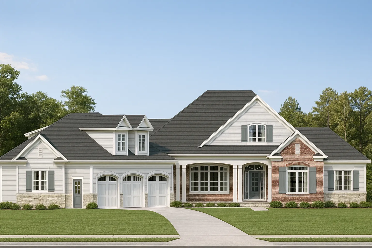 Front elevation of a Traditional Colonial style home with brick and horizontal siding, symmetrical windows, arched entry, and attached garage