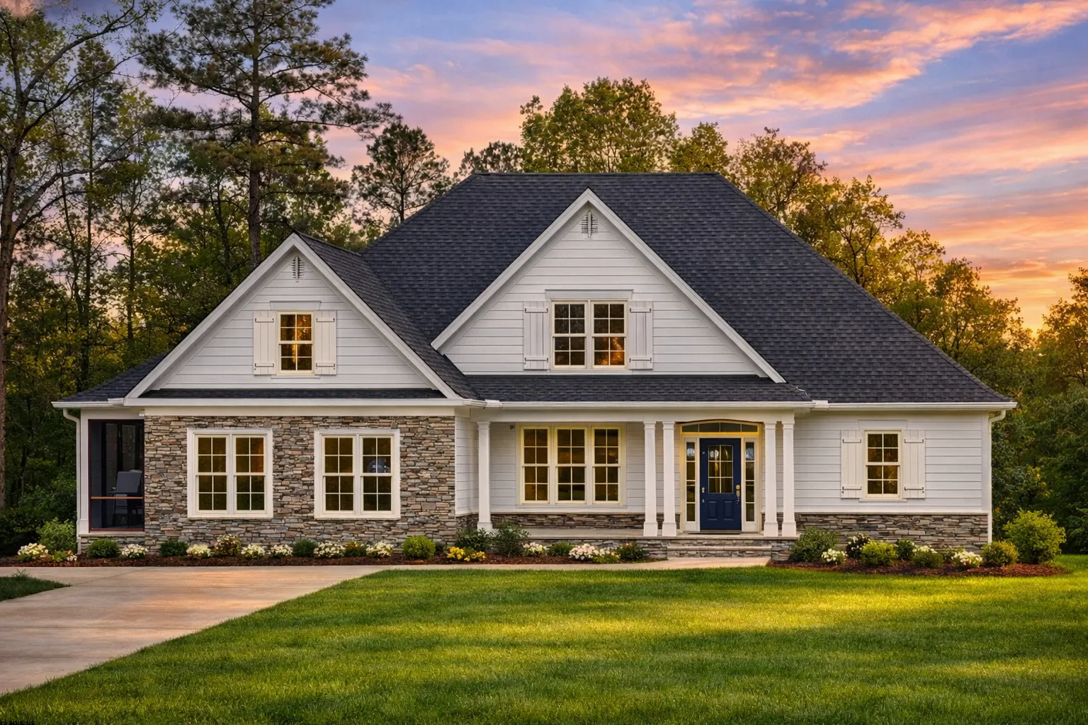 Front elevation of a Colonial Cape Cod style home with gray lap siding, brick porch foundation, shutters, and symmetrical facade