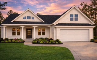Front elevation of a Craftsman cottage style home featuring shingle siding, stone accents, a covered porch, and attached two-car garage