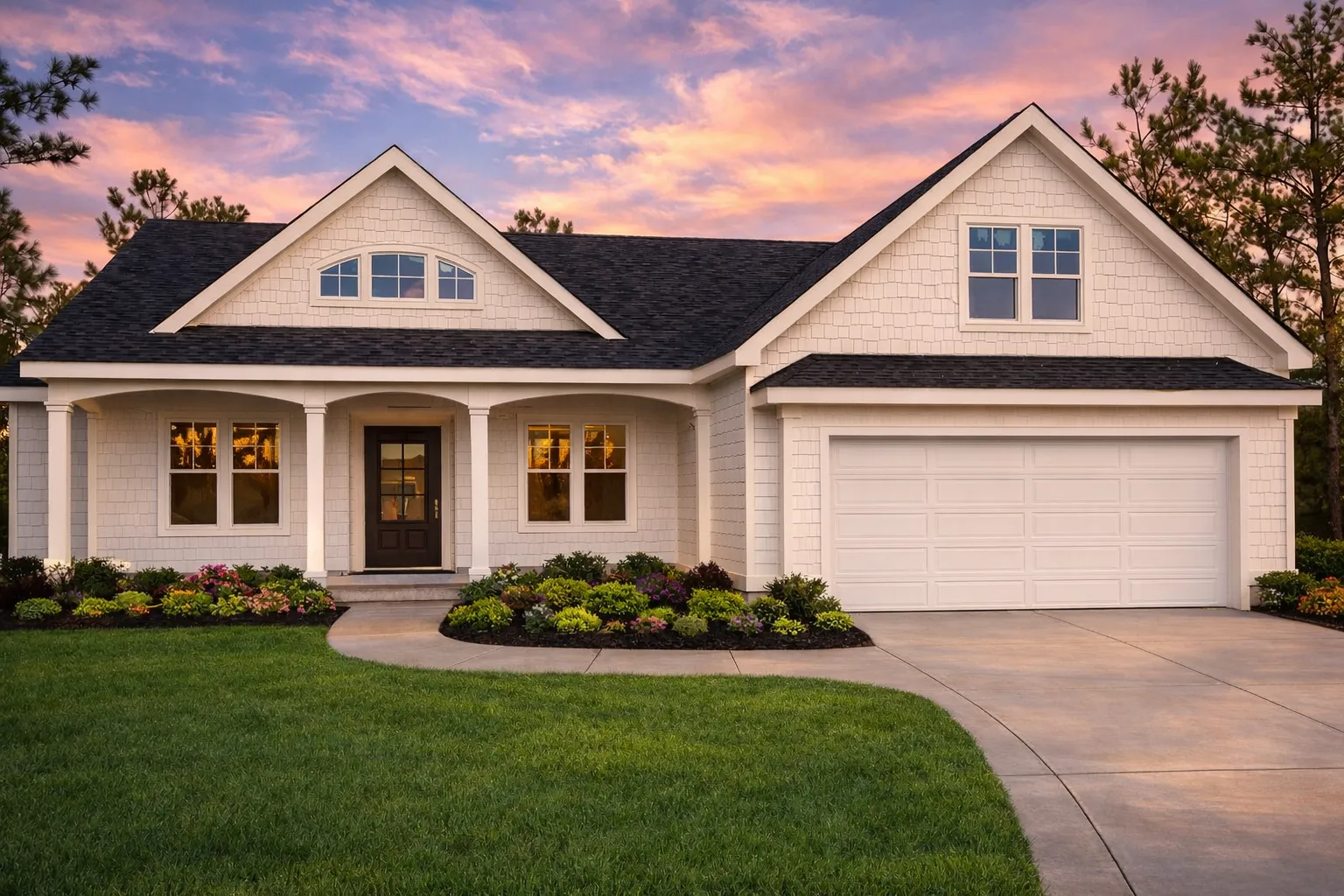 Front elevation of a Craftsman cottage style home featuring shingle siding, stone accents, a covered porch, and attached two-car garage