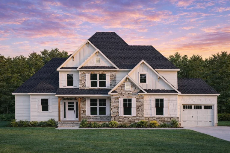 Front elevation of a New American style home featuring board and batten siding, stone accents, gabled rooflines, and a welcoming covered porch