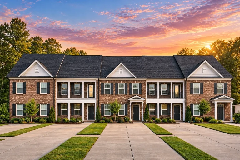 Front view of Georgian Colonial style brick townhome with symmetrical windows, colorful shutters, and classic entryways under a gabled roof