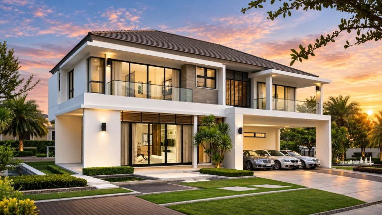 Rear elevation of a contemporary modern two-story home featuring smooth stucco exterior, large modern windows, and clean suburban architectural lines