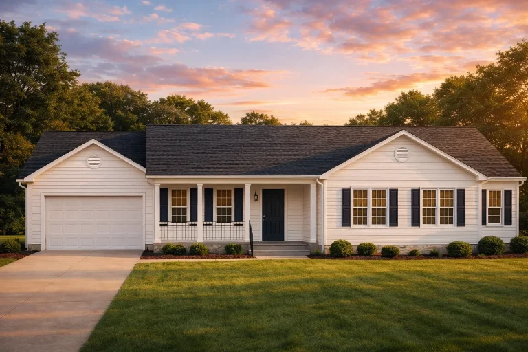 Front elevation of a Traditional Ranch style home featuring horizontal siding, dark shutters, covered front porch, and attached garage