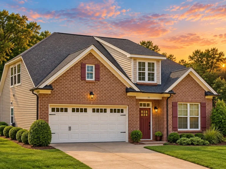 Traditional two-story brick house with gable roof and front-load garage