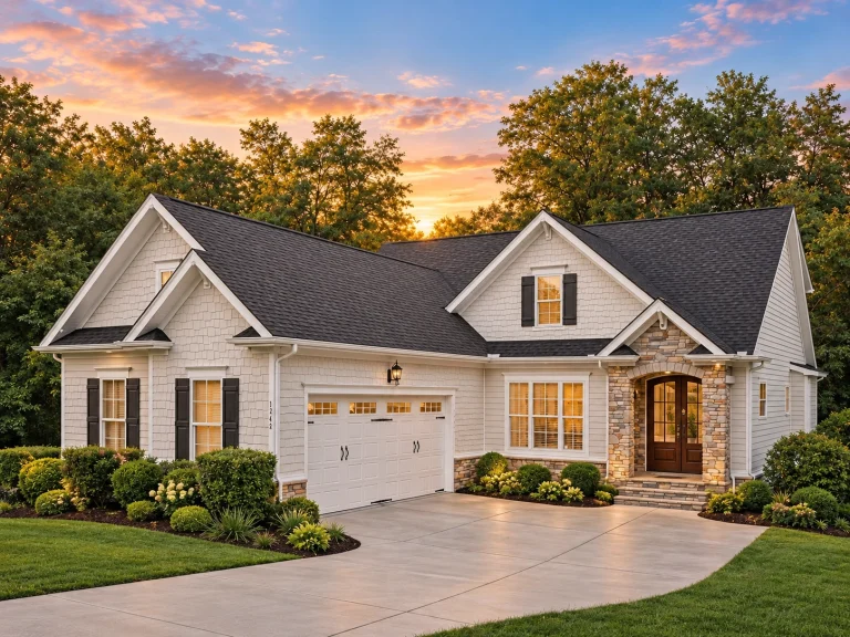 Front view of a Traditional Transitional style home featuring a mix of horizontal lap siding and stone exterior with dark shutters and a welcoming arched entryway