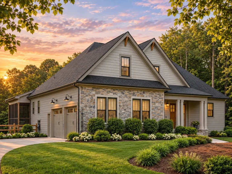 Front elevation of a Colonial Cape Cod style home with gray lap siding, brick porch foundation, shutters, and symmetrical facade