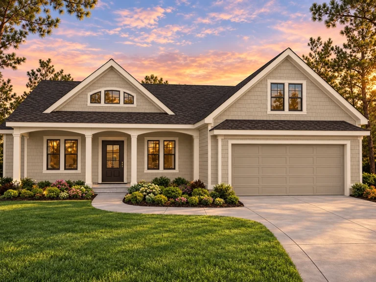 Contemporary House Plans 10 Front elevation of a Craftsman cottage style home featuring shingle siding, stone accents, a covered porch, and attached two-car garage