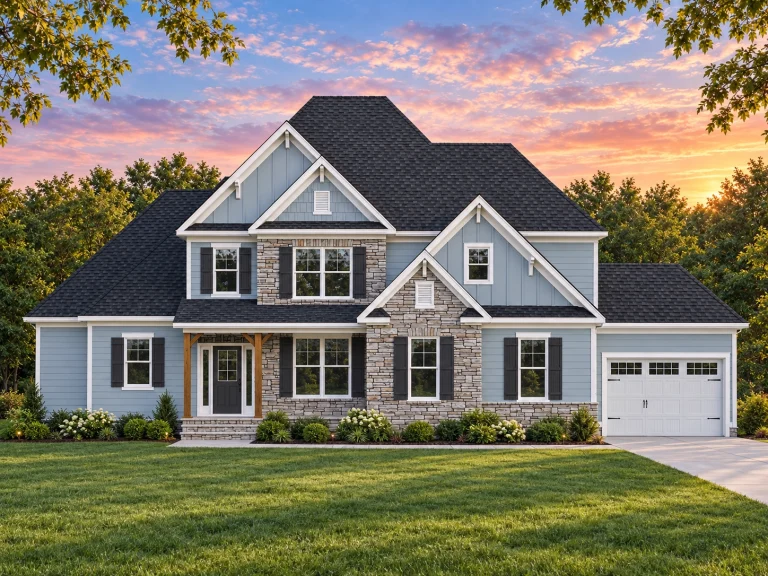 Front elevation of a New American style home featuring board and batten siding, stone accents, gabled rooflines, and a welcoming covered porch
