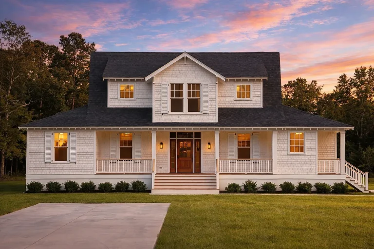 Front elevation of a Cape Cod Colonial style home featuring horizontal siding, stone accents, symmetrical windows, and a covered front porch