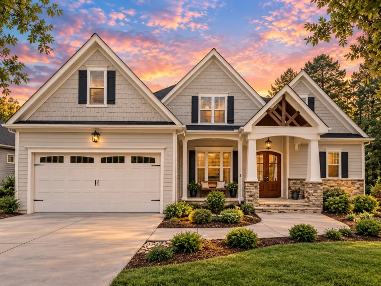 Front elevation of New American shingle style house with stone entry, lap siding, double garage, and Craftsman-inspired rooflines