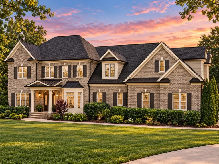 Front elevation of a Traditional Colonial style home with brick and stone exterior, symmetrical windows, shutters, and a classic centered entry