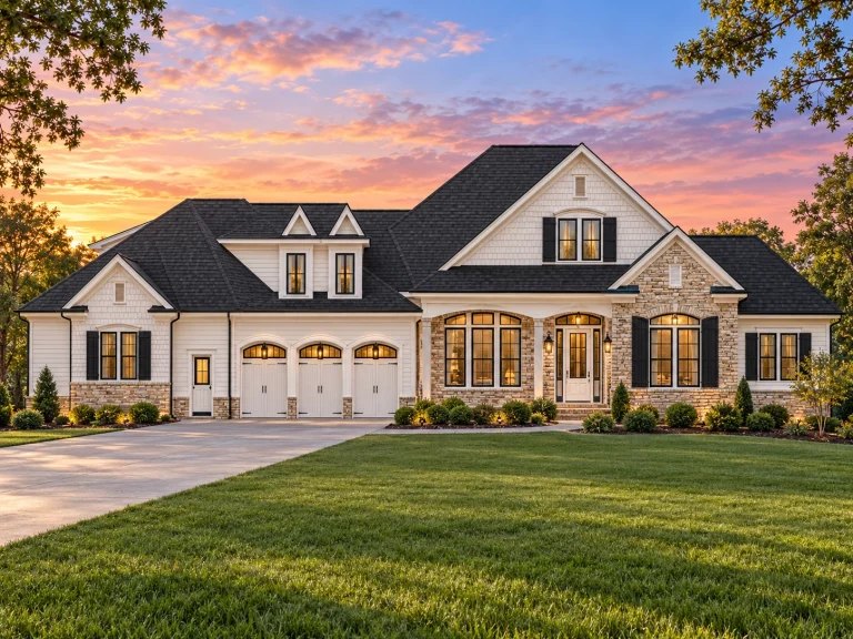 Front elevation of a Traditional Colonial style home with brick and horizontal siding, symmetrical windows, arched entry, and attached garage