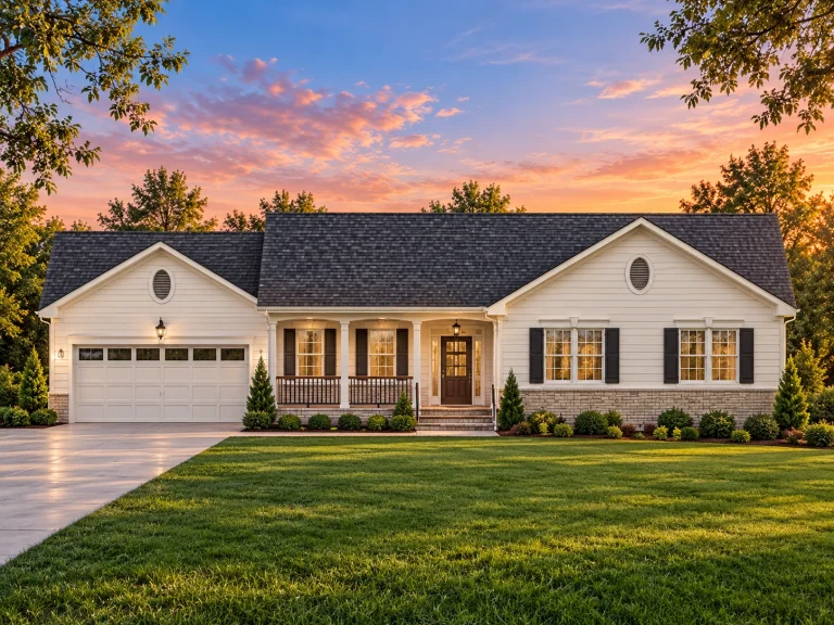 Front elevation of a Traditional Ranch style home featuring horizontal siding, dark shutters, covered front porch, and attached garage
