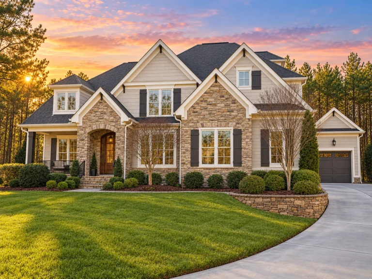 Tudor House Plans 21 Front elevation of a New American style home with brick and stone exterior, symmetrical windows, gabled rooflines, and classic suburban curb appeal