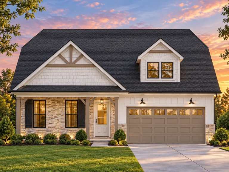 Front elevation of a Craftsman Cottage style home featuring board and batten, horizontal siding, stone accents, and a red garage door