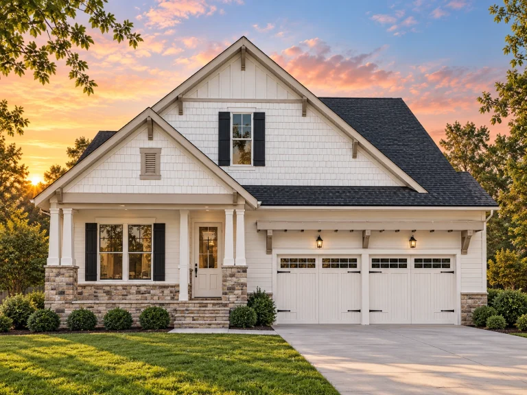 House Plans with Spacious Laundry Room 1 Front elevation of a modern farmhouse style home featuring board and batten siding, stone accents, gabled rooflines, and an attached two-car garage