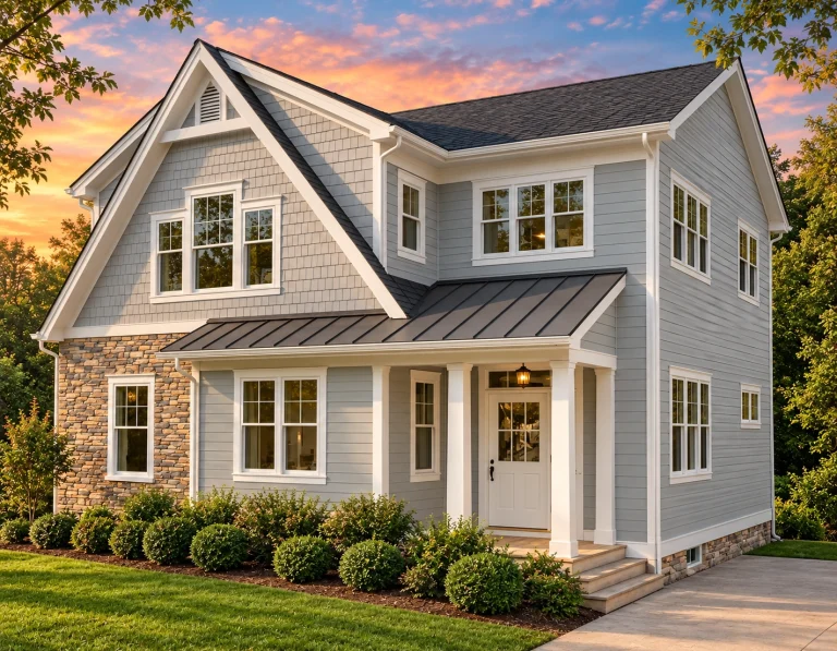 Front elevation of a Craftsman Traditional Suburban style home featuring lap siding, board-and-batten gables, covered porch, and warm architectural detailing