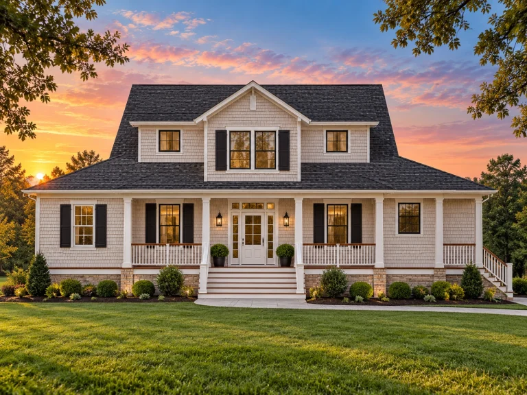 Front elevation of a Cape Cod Colonial style home featuring horizontal siding, stone accents, symmetrical windows, and a covered front porch