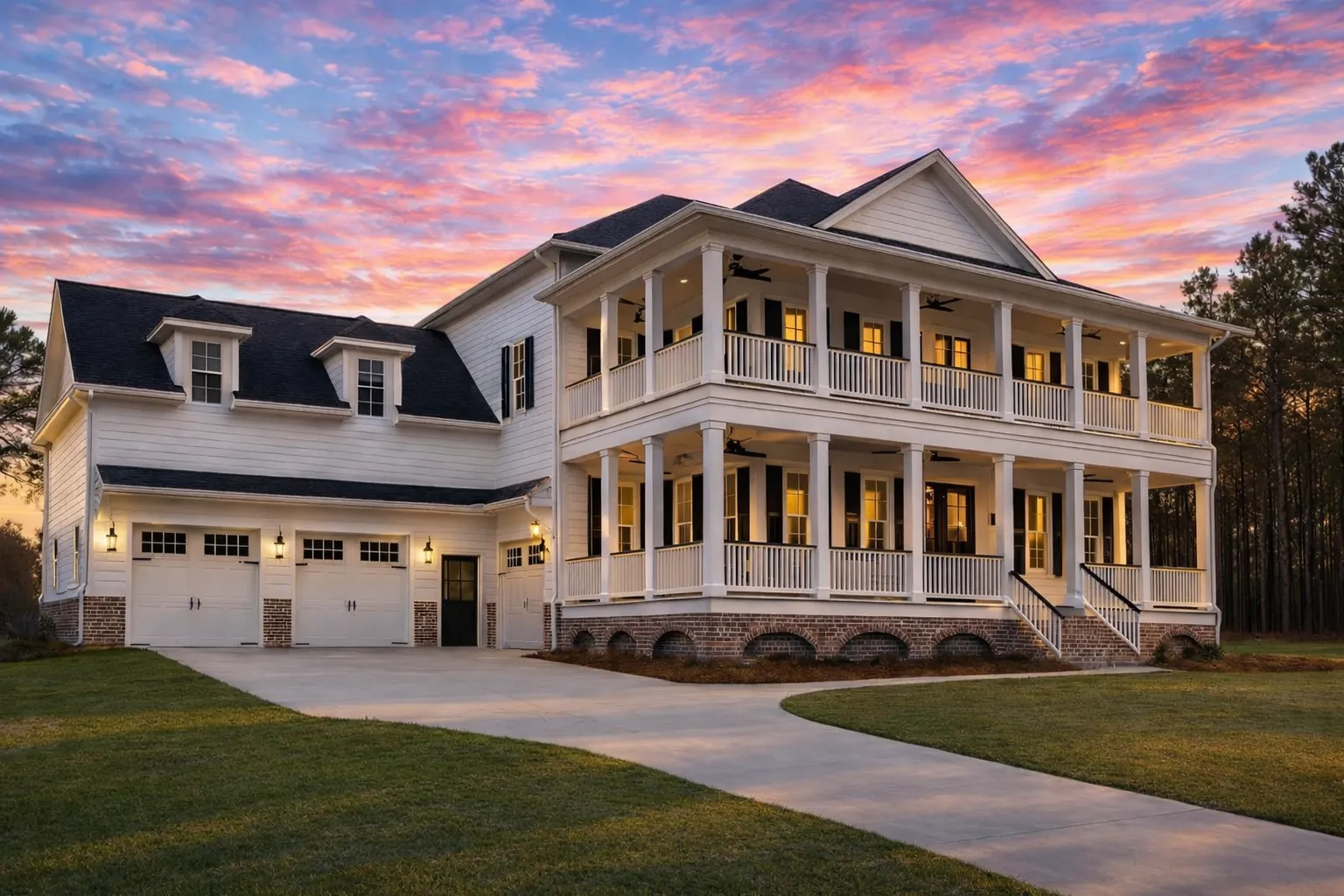 Front exterior of a Classical Southern Colonial style home with double stacked porches, white siding, brick foundation, and symmetrical columns