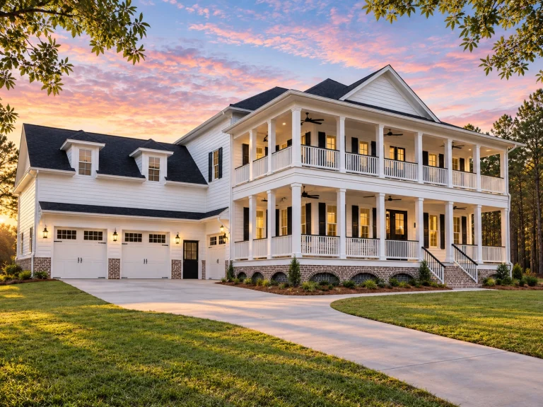 Best-Selling House Plans for Builders 25 Front exterior of a Classical Southern Colonial style home with double stacked porches, white siding, brick foundation, and symmetrical columns