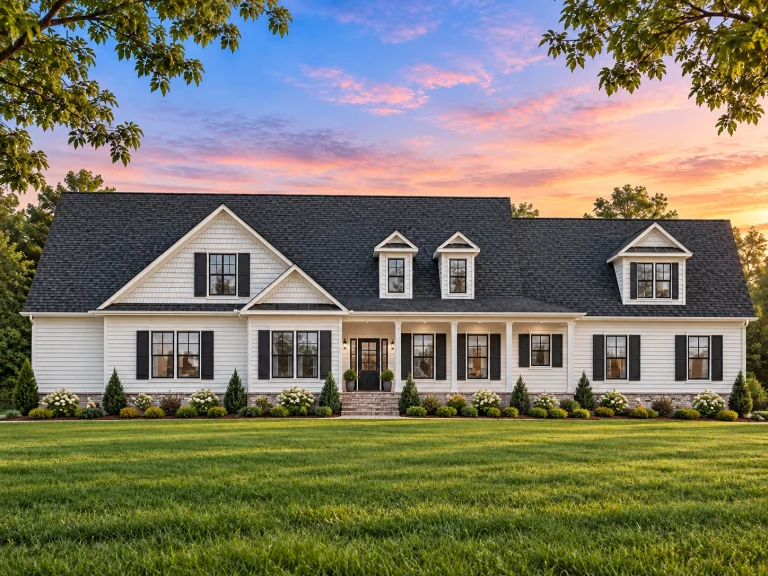 House Plans with Fireplace 4 Front elevation of a New American Traditional style home with blue horizontal siding, shingle gables, white trim, and a welcoming covered front porch