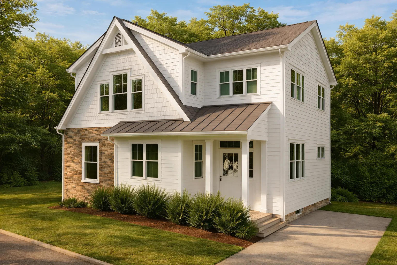 Front elevation of a Craftsman Traditional Suburban style home featuring lap siding, board-and-batten gables, covered porch, and warm architectural detailing