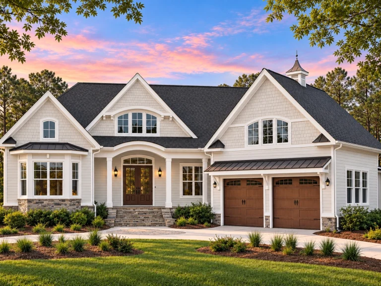 Front exterior view of a Coastal Shingle Style New American home featuring shingle siding, stone accents, gabled rooflines, and an inviting covered entry
