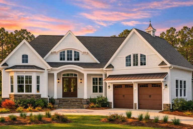Front exterior view of a Coastal Shingle Style New American home featuring shingle siding, stone accents, gabled rooflines, and an inviting covered entry