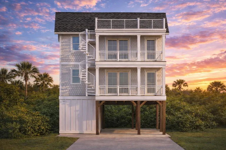 Front elevation of a coastal beach house with elevated pier foundation, shingle siding, stacked balconies, and exterior spiral staircase