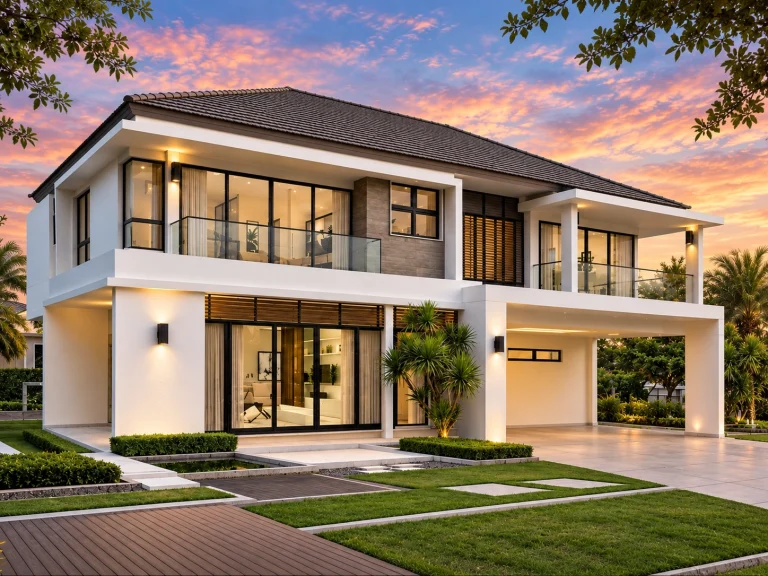 House Plans with Fireplace 17 Rear elevation of a contemporary modern two-story home featuring smooth stucco exterior, large modern windows, and clean suburban architectural lines