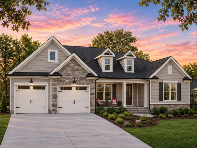 Ranch House Plans 14 Front elevation of a New American Traditional style house with horizontal siding, stone accents, three-car garage, and covered front porch