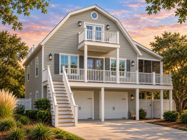 Front view of Coastal Dutch Colonial style beach house with blue horizontal siding, white railings, and gambrel roof design