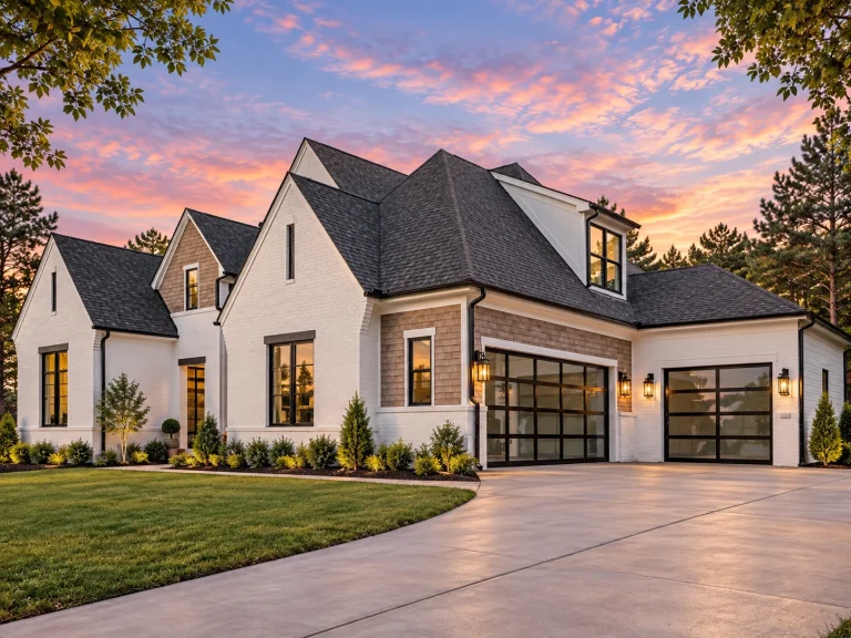 Front exterior view of a New American Modern Traditional house with painted brick, board and batten siding, black windows, and symmetrical gabled rooflines
