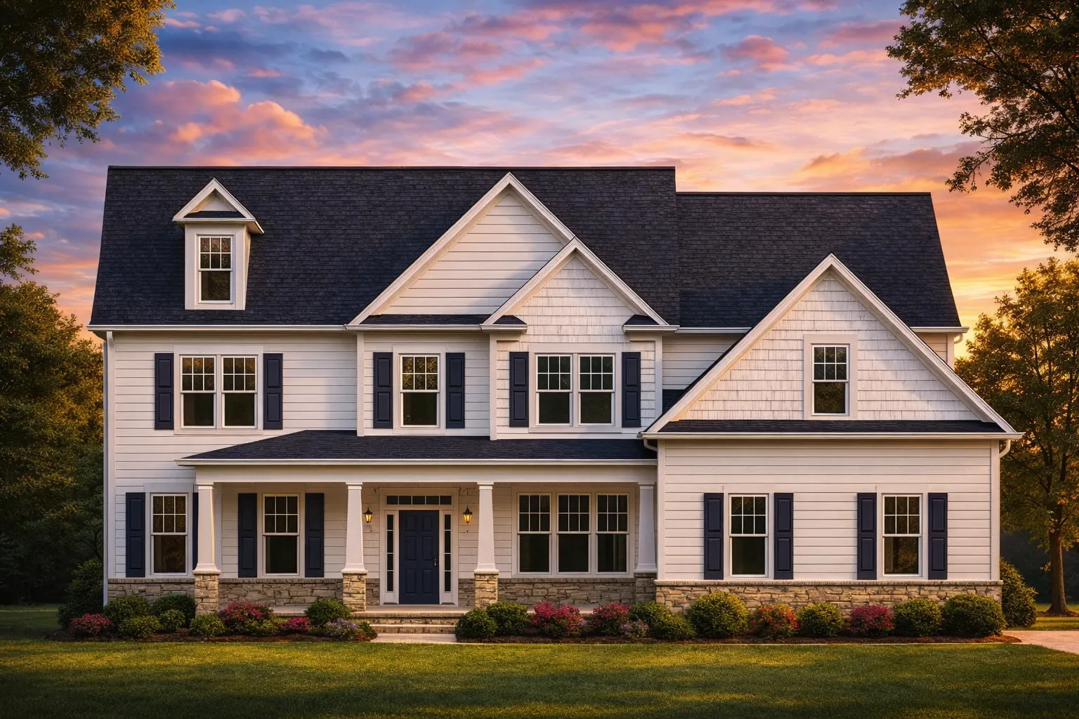 Front elevation of a Traditional Colonial style house with horizontal siding, stone accents, symmetrical façade, and New American rooflines