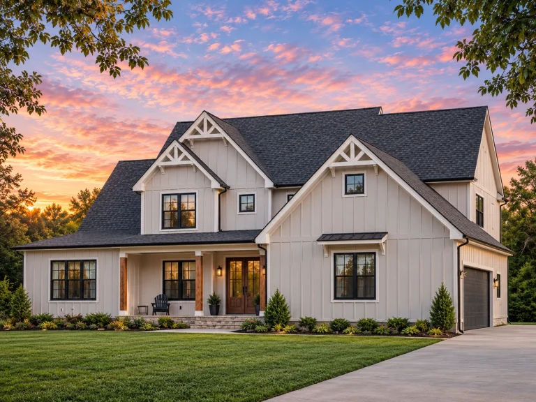Log Cabin House Plans 19 Front elevation of a Modern Farmhouse style home featuring white board and batten siding, dark rooflines, stone foundation accents, and covered porch