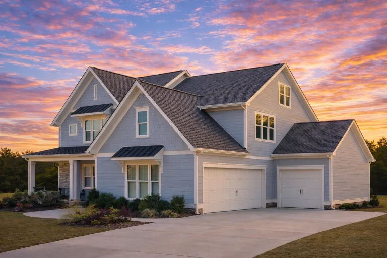 Front elevation of a New American Modern Traditional house featuring horizontal siding, board and batten accents, black metal porch roof, and symmetrical gabled architecture