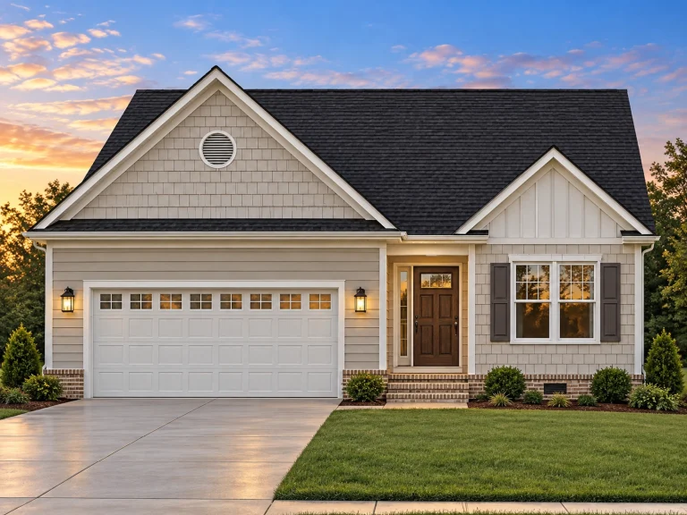 Barndominium House Plans 25 Front elevation of a Traditional Ranch Suburban home featuring brick wainscoting, horizontal siding, board-and-batten gables, and a clean, classic façade