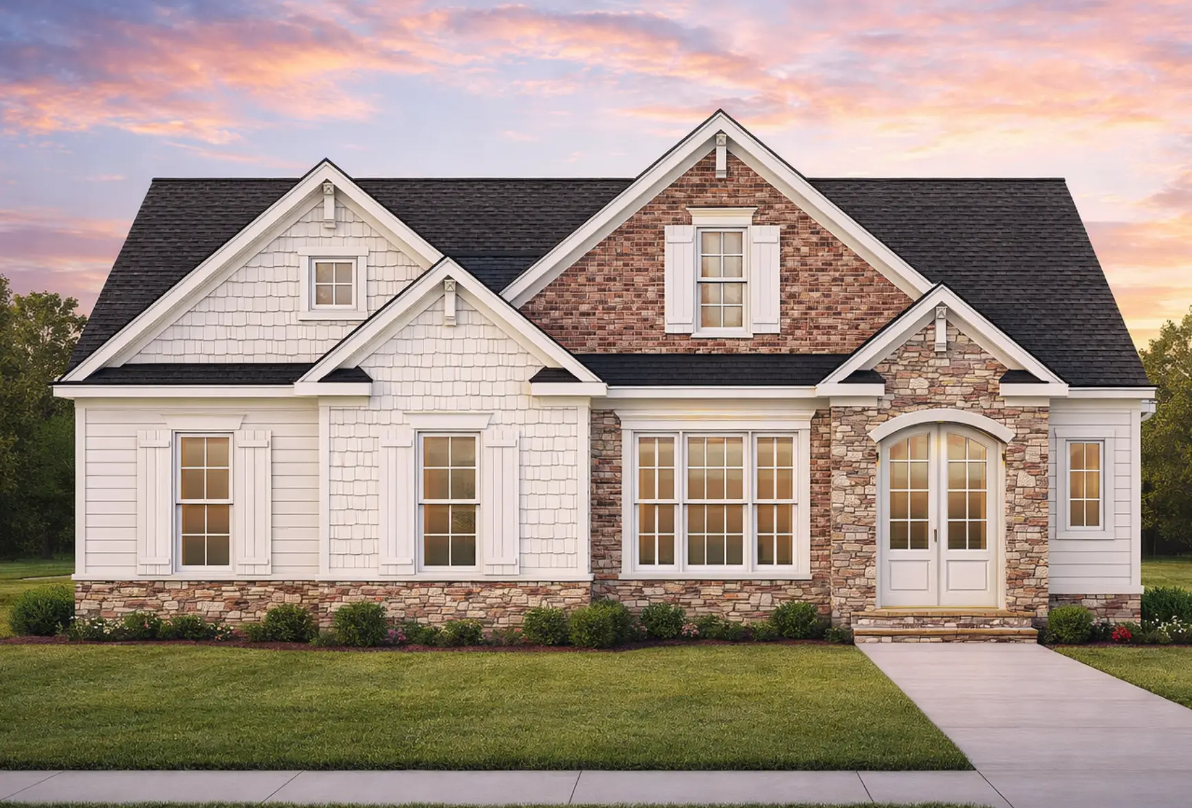 Front view of a Traditional Transitional style home featuring a mix of horizontal lap siding and stone exterior with dark shutters and a welcoming arched entryway