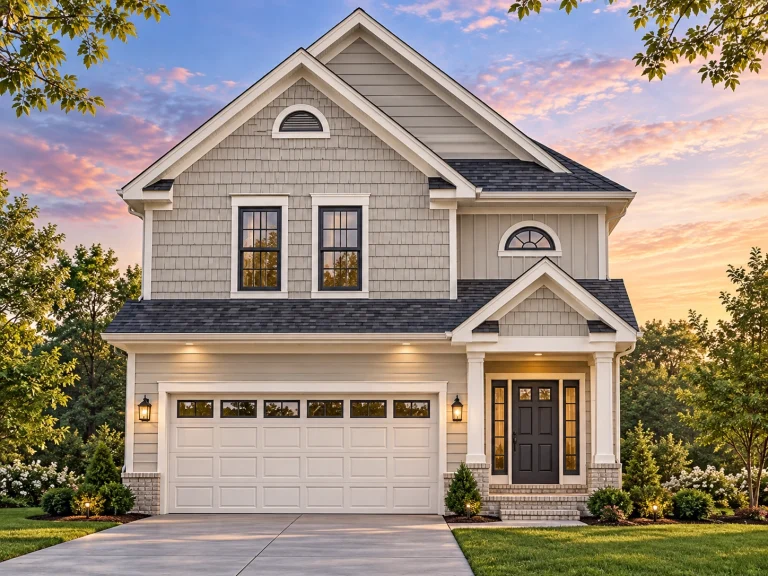 Front elevation of a Modern Farmhouse style home featuring white board and batten siding, black windows, and a stone-accented entryway with two-car garage.