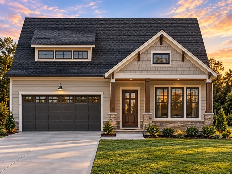Front elevation of a Modern Farmhouse home with horizontal siding, board and batten accents, and stone exterior detailing