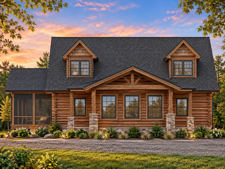 Front elevation of a rustic log cabin style home with natural log exterior, Craftsman detailing, dormer windows, and covered front porch
