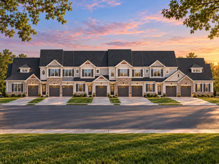 Open Porch House Plans 16 Front view of a Traditional Suburban style townhome featuring stone veneer and horizontal siding with symmetrical Colonial-inspired detailing