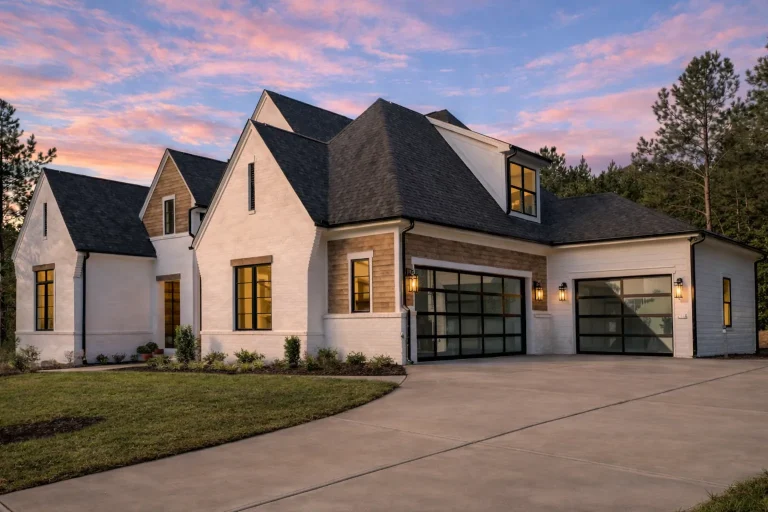 Front exterior view of a New American Modern Traditional house with painted brick, board and batten siding, black windows, and symmetrical gabled rooflines