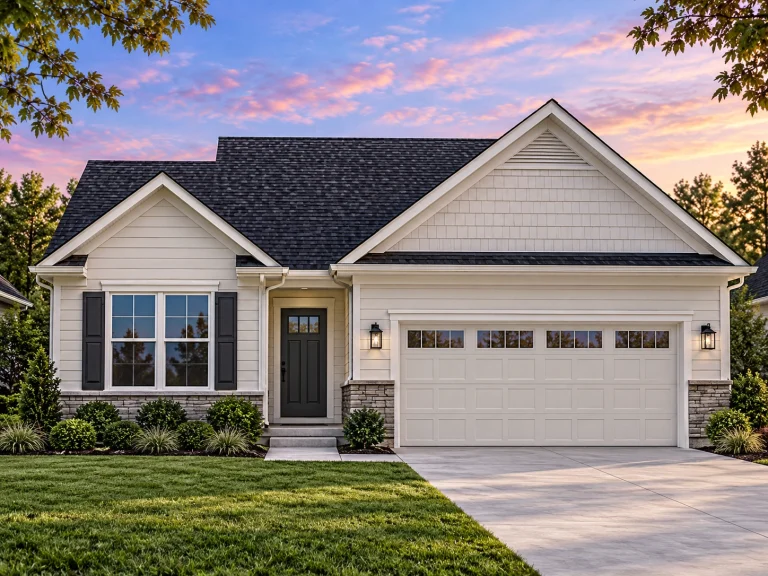 Affordable House Plans 22 Front elevation of a Traditional Ranch style home with horizontal siding, shake gable siding, stone accents, and a two-car garage