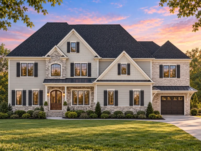 Front elevation of a New American Traditional Colonial style house featuring blue lap siding, white trim, symmetrical windows, and an attached garage